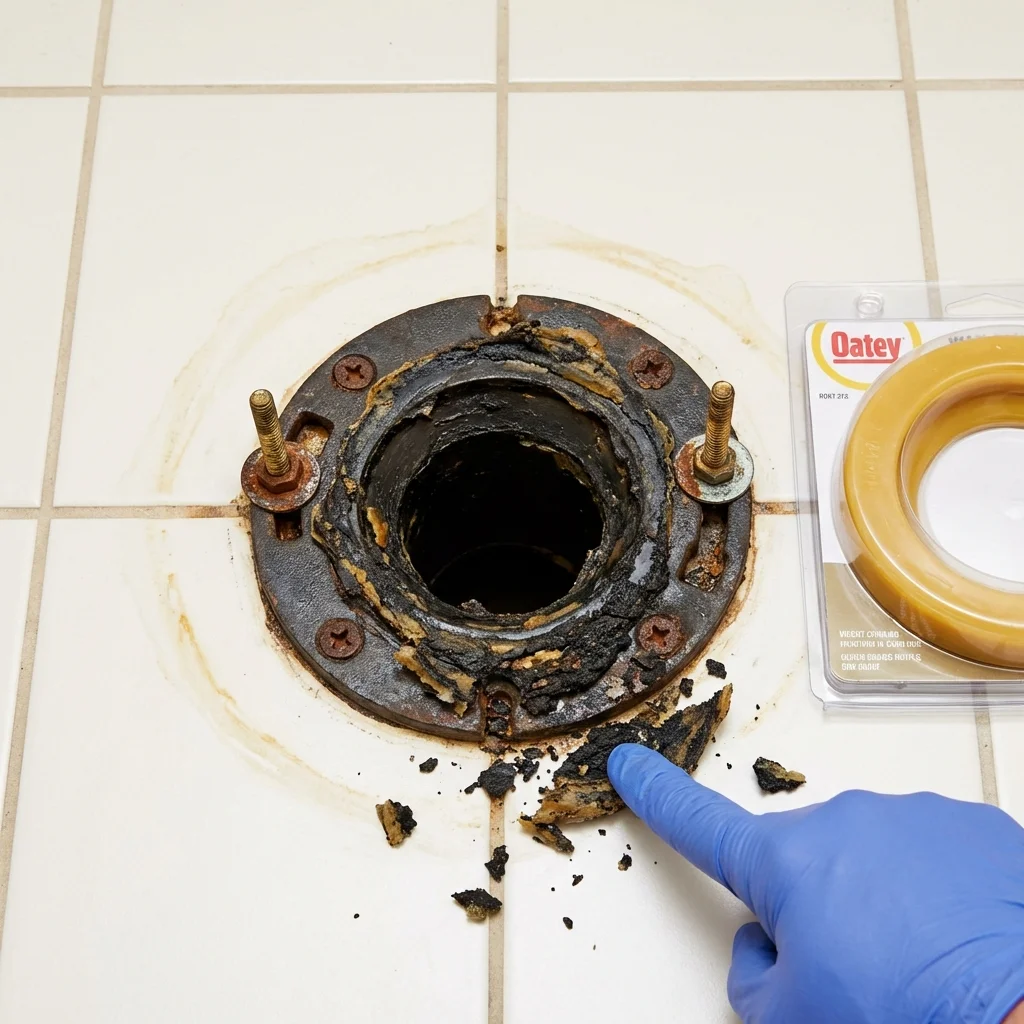 Failed wax ring showing water seepage at the base of a toilet in a Astatula, FL home