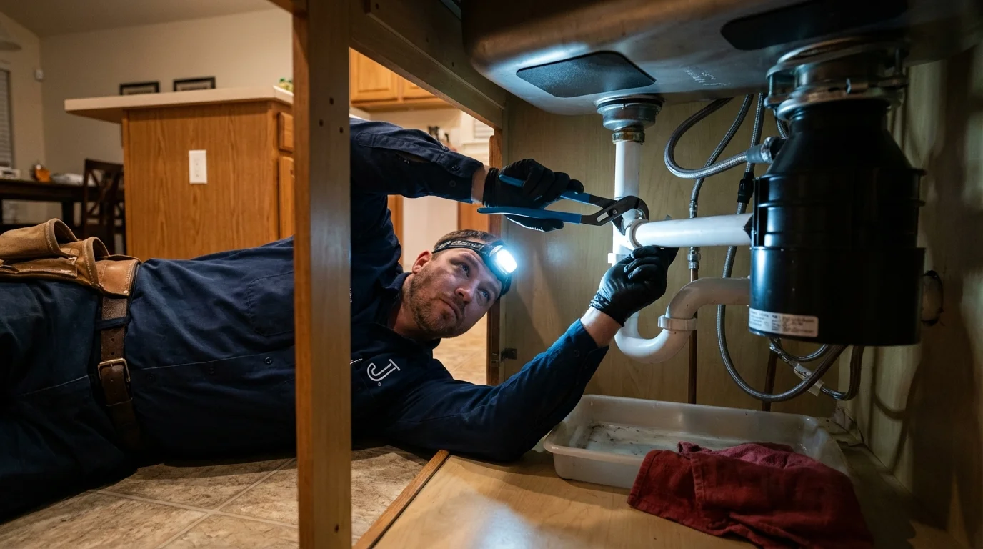 P-trap and supply line connections under a kitchen sink showing a common leak point in Astatula, FL